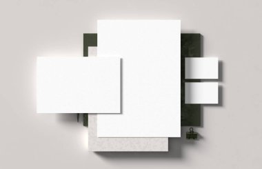 Şirket kimlik kağıtları modern tarz arka planında izole edilmiş bir şekilde oluşturuluyor. Kimlik tespiti için hazırlan. 3B illüstrasyon