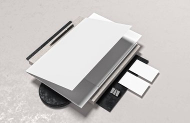 Şirket kimlik kağıtları modern tarz arka planında izole edilmiş bir şekilde oluşturuluyor. Kimlik tespiti için hazırlan. 3B illüstrasyon