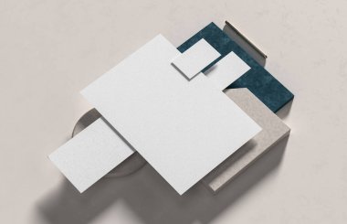 Şirket kimlik kağıtları modern tarz arka planında izole edilmiş bir şekilde oluşturuluyor. Kimlik tespiti için hazırlan. 3B illüstrasyon