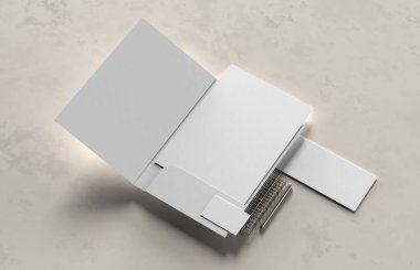 Şirket kimlik kağıtları modern tarz arka planında izole edilmiş bir şekilde oluşturuluyor. Kimlik tespiti için hazırlan. 3B illüstrasyon