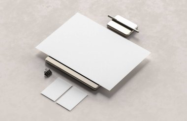 Şirket kimlik kağıtları modern tarz arka planında izole edilmiş bir şekilde oluşturuluyor. Kimlik tespiti için hazırlan. 3B illüstrasyon