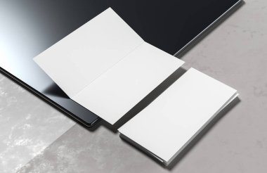 Çift katlı broşür beyaz arka planda izole edilmiş. 3B illüstrasyon.