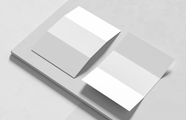 Üç katlı broşür modern beyaz arka planda izole edilmiş gibi duruyor. 3B illüstrasyon