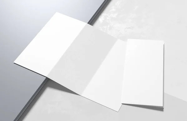 三つ折り 現代の白い背景に隔離された三つ折りのパンフレットモックアップ 3Dイラスト — ストック写真