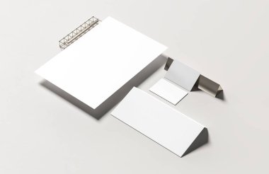 Şirket kimlik kağıtları modern tarz arka planında izole edilmiş bir şekilde oluşturuluyor. Kimlik tespiti için hazırlan. 3B illüstrasyon