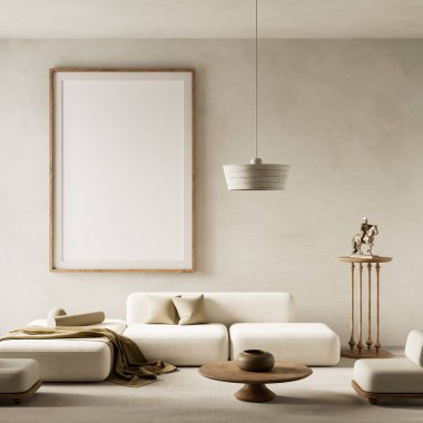 Sıcak toprak tonlarıyla minimalist bir oturma odası, heykeltraş aydınlatması, ve rahat ve sanatsal bir atmosfer yaratan yumuşak modern mobilyalar. 3B illüstrasyon