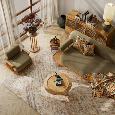 Minimal japandi living room interior with olive sofa, warm wood textures, patterned cushions and natural light. 3D illustration.