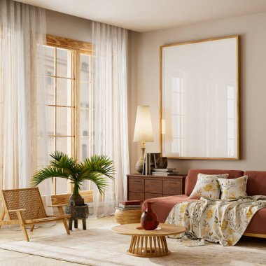 Japandi living room interior with terracotta sofa, wooden coffee table, indoor plant, floor lamp and cozy neutral decor, mock up poster frame in modern living room. 3D illustration