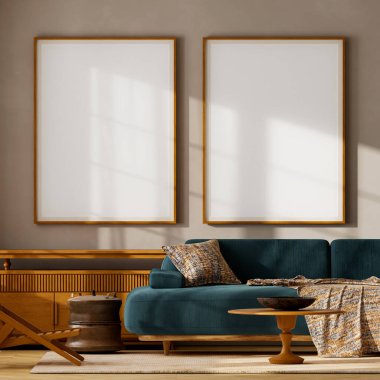 bright living room with teal sofa, wooden furniture, natural light and warm tones, perfect minimalist style. mock up poster frame in modern living room. 3D illustration