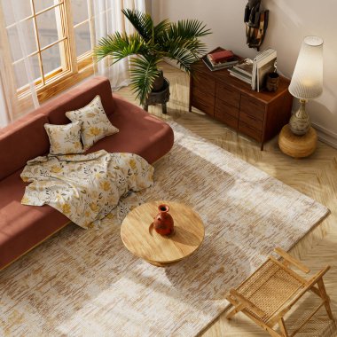 Japandi living room interior with terracotta sofa, wooden coffee table, indoor plant, floor lamp and cozy neutral decor. 3D illustration