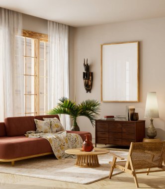 Japandi living room interior with terracotta sofa, wooden coffee table, indoor plant, floor lamp and cozy neutral decor, mock up poster frame in modern living room. 3D illustration