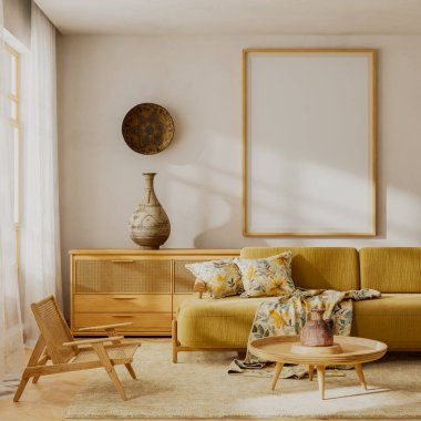 Bright living room interior with yellow sofa, wooden furniture, natural light and warm tones, perfect minimalist style. Mock up poster frame.in modern livinig room. 3D illustration