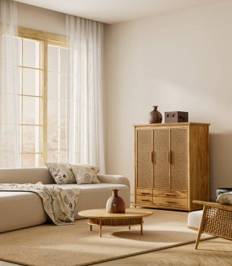 Bright living room with beige sofa, wooden furniture, neutral tones and natural light, perfect minimalist style. Modern living room. 3D illustration