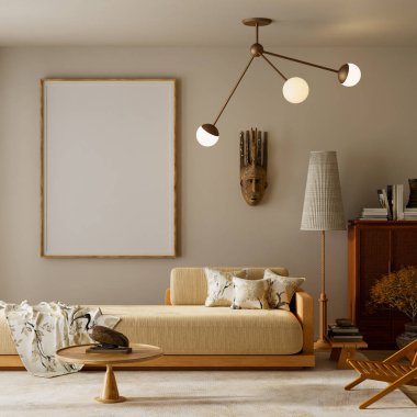 Minimal japandi living room interior with beige sofa, wooden textures, patterned cushions and gentle daylight. Mock up poster frame in modern living room. 3D illustration.