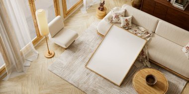 Modern japandi living room interior with beige sofa, wooden textures, patterned pillows and soft daylight. Mock up poster frame in modern living room. 3D illustration