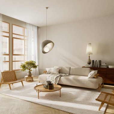 Ahşap mobilyalar, hafif ışıklandırma ve minimalist dekorlarla dolu sakin, nötr bir oturma odası. 3B illüstrasyon.