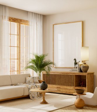 Japandi oturma odasının içi yumuşak bej kanepe, ahşap sehpa, kapalı alan bitkisi, sıcak ışık ve minimal dekorla dolu. Modern oturma odasında poster çerçevesi yap. 3B illüstrasyon