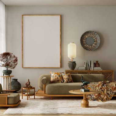 Minimum japandi oturma odası zeytin koltuğu, sıcak ahşap dokular, desenli yastıklar ve doğal ışık. Modern oturma odasında poster çerçevesi yap. 3B illüstrasyon.
