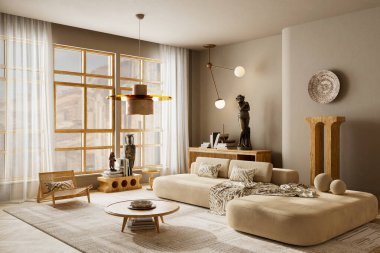 İçi parlak japandi oturma odası yumuşak bej tonlarıyla, ahşap mobilyalarla, doğal ışıkla ve sıcak bir uyum içinde minimalist dekorla dolu. 3B illüstrasyon.