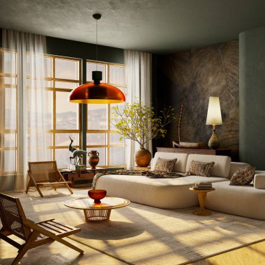 Sıcak japandi oturma odasının içi doğal güneş ışığıyla dolu. Sıcak toprak paleti, ahşap mobilya ve sakin bir atmosferi var. 3B illüstrasyon.