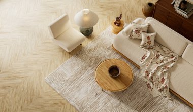 Modern japandi living room interior with beige sofa, wooden textures, patterned pillows and soft daylight. 3D illustration.