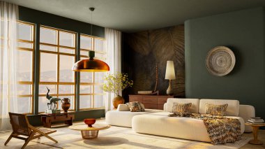 Sıcak japandi oturma odasının içi doğal güneş ışığıyla dolu. Sıcak toprak paleti, ahşap mobilya ve sakin bir atmosferi var. 3B illüstrasyon.