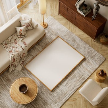 Modern japandi living room interior with beige sofa, wooden textures, patterned pillows and soft daylight. Mock up poster frame in modern living room. 3D illustration