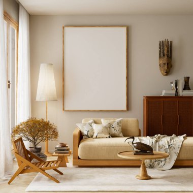 Minimal japandi living room interior with beige sofa, wooden textures, patterned cushions and gentle daylight. Mock up poster frame in modern living room. 3D illustration.