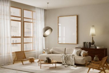 Tarafsız bir oturma odası. İçinde ahşap mobilyalar ve yumuşak doğal ışık olan bir poster çerçevesi var. 3B illüstrasyon.