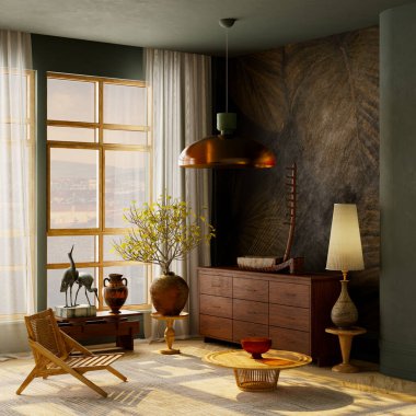 Sıcak güneş ışığı, ahşap mobilyalar, toprak tonlar, organik dokular ve doğa ile tasarımı harmanlayan rahat bir tasarım içeren Akdeniz Japon oturma odası. 3B illüstrasyon.