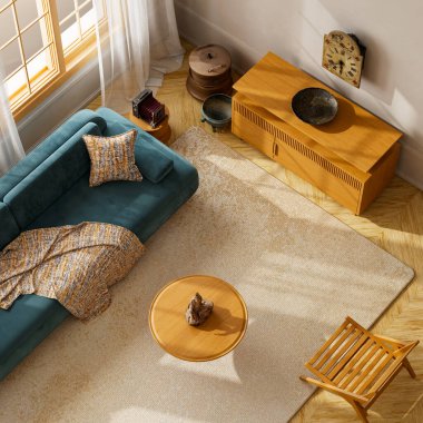 bright living room with teal sofa, wooden furniture, natural light and warm tones, perfect minimalist style. Modern living room. 3D illustration