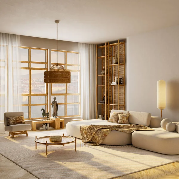 Geniş açılı Japon iç tasarımı, rahat ahşap mobilyalar, sıcak gün ışığı ve zarif negatif alan metin, kopya ya da poster yerleştirme için mükemmel. 3B illüstrasyon