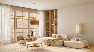 Geniş açılı Japon iç tasarımı, rahat ahşap mobilyalar, sıcak gün ışığı ve zarif negatif alan metin, kopya ya da poster yerleştirme için mükemmel. 3B illüstrasyon