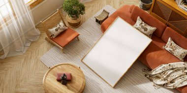 Minimum japandi oturma odası. Terracotta kanepe ve ahşap mobilyaların üzerinde boş bir poster çerçevesi var. 3B illüstrasyon.