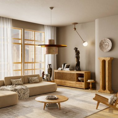 İçi parlak japandi oturma odası yumuşak bej tonlarıyla, ahşap mobilyalarla, doğal ışıkla ve sıcak bir uyum içinde minimalist dekorla dolu. 3B illüstrasyon.