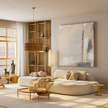 Japandi tarzı oturma odasının içi rahat ahşap mobilyalar, ılık tonlar, yumuşak gün ışığı ve minimalist modern tasarım atmosferiyle dolu. 3B illüstrasyon