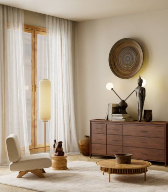 Modern japandi living room interior with beige sofa, wooden textures, patterned pillows and soft daylight. 3D illustration.