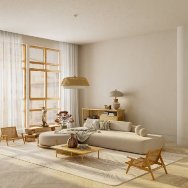 Doğal ahşap tonlar, güneş ışığı ve markalaşma tasarımı için zarif negatif alan kompozisyonu, minimum Japon dekoru, 3D illüstrasyon