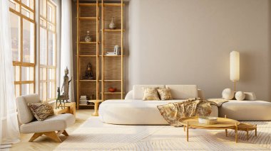 Geniş açılı Japon iç tasarımı, rahat ahşap mobilyalar, sıcak gün ışığı ve zarif negatif alan metin, kopya ya da poster yerleştirme için mükemmel. 3B illüstrasyon