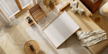 Minimal japandi living room interior with beige sofa, wooden textures, patterned cushions and gentle daylight. Mock up poster frame in modern living room. 3D illustration.