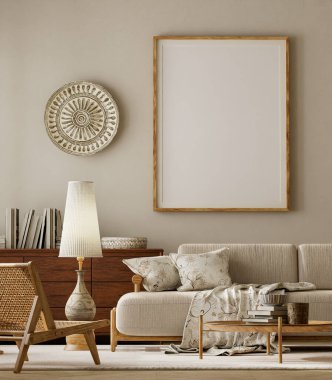 Tarafsız bir oturma odası. İçinde ahşap mobilyalar ve yumuşak doğal ışık olan bir poster çerçevesi var. 3B illüstrasyon.