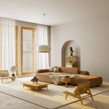 Ahşap mobilyalar, terracotta kanepesi ve metin, logo ya da editör düzeni için açık kopya alanı kompozisyonu ile tarafsız geniş açılı iç plan. 3B illüstrasyon.