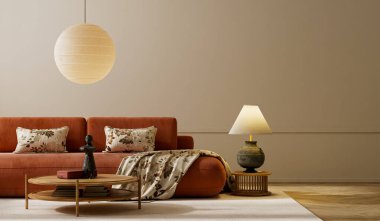 Japon tarzı oturma odası. Terracotta kanepesi, ahşap mobilya ve yumuşak gün ışığında sıcak doğal tonlarda. 3B illüstrasyon.