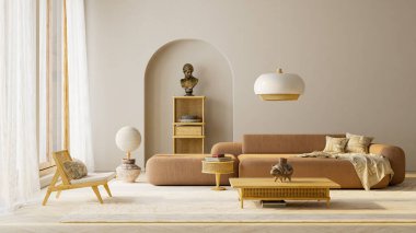 Ahşap mobilyalar, terracotta kanepesi ve metin, logo ya da editör düzeni için açık kopya alanı kompozisyonu ile tarafsız geniş açılı iç plan. 3B illüstrasyon