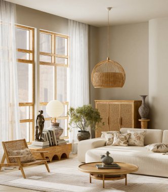 Doğal ışık, ahşap mobilya, rattan lamba ve rahat bir iç mekan için yumuşak bej tonlardan oluşan Japandi oturma odası tasarımı. 3 Boyutlu Çizim