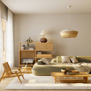 İçinde zeytin yeşili kanepe, rattan dokular, sıcak güneş ışığı ve rahat doğal tasarımı olan sakin nötr estetik atmosfer bulunan çağdaş oturma odası. 3B illüstrasyon.