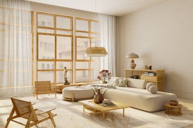 Doğal ahşap tonlar, güneş ışığı ve markalaşma tasarımı için zarif negatif alan kompozisyonu, minimum Japon dekoru, 3D illüstrasyon