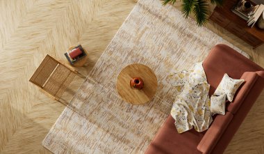 Japandi living room interior with terracotta sofa, wooden coffee table, indoor plant, floor lamp and cozy neutral decor. 3D illustration