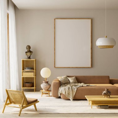 Günes isigi, ahşap mobilyalar ve yumuşak sicak tonlar içeren modern nötr iç modelleme seti, minimalist tasarim, markalama veya yaratici sunum kullanimi icin mukemmel. 3B illüstrasyon.