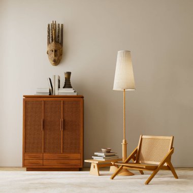Minimalist oturma odasının içinde bir rattan sandalye, ahşap dolap ve sıcak nötr tonlar var, samimi Japandi tarzı için mükemmel. 3B illüstrasyon.
